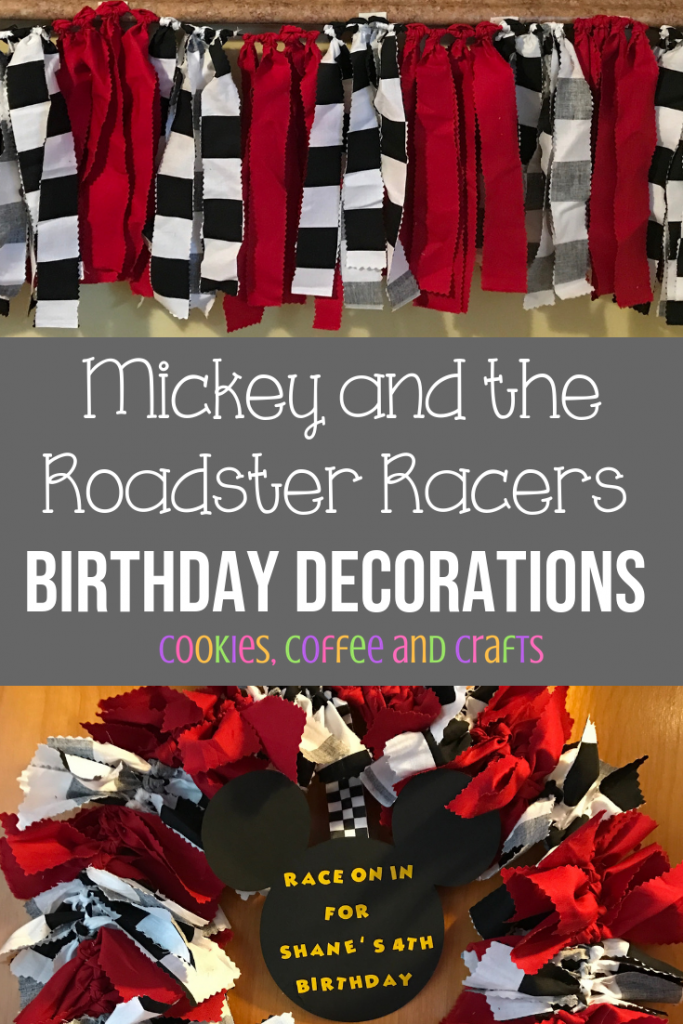 Create easy DIY Mickey and the Roadster Racers Birthday Decorations. All you need is fabric and scrissors to create checkered flag decor to celebrate your roadster racing fans birthday. #DIY #MickeyMouseBirthday #BirthdayDecorations #KidsBirthdayParty #KidsBirthdayIdeas #KidsBirthday