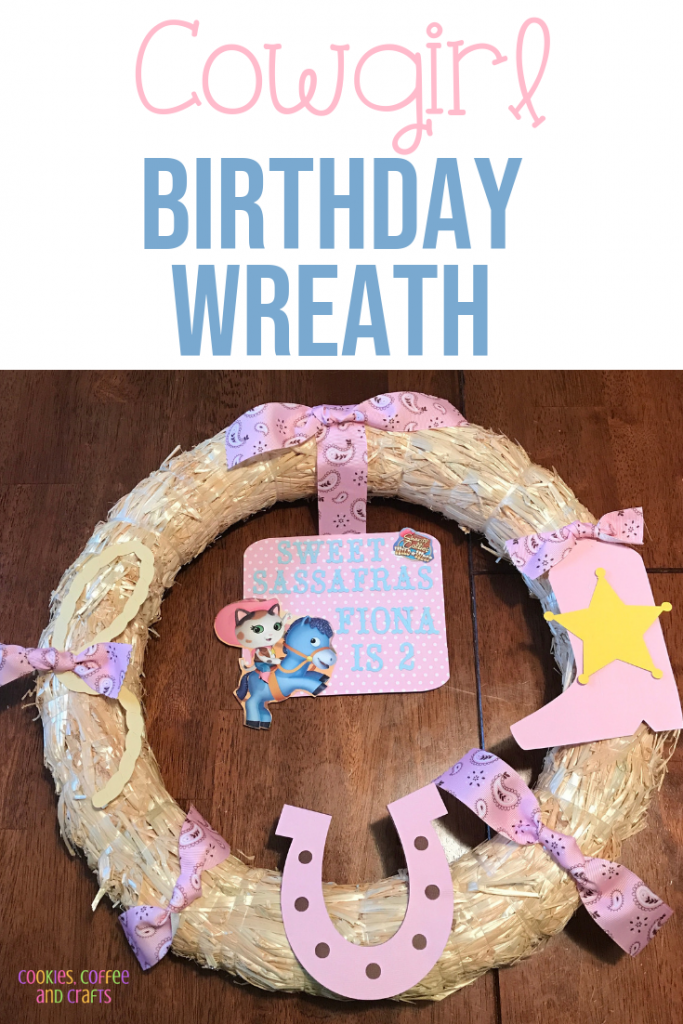 Welcome the Sheriff Callie Birthday Guest with this adorable pink wreath decoration. This DIY decoration is perfect for a toddler who loves Sheriff Callie, Disney Junior and the wild west. #DisneyJunior #KidsBirthday #Cowgirl #SheriffCallie #Wreath #DIY