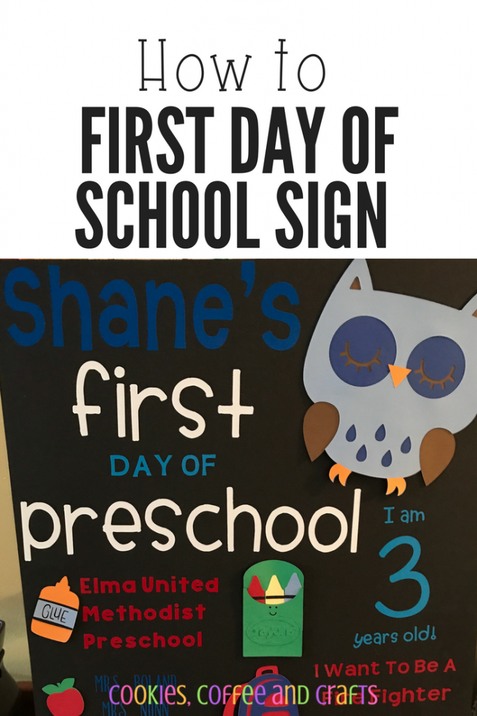 Celebrate your child's first day with they first day of school sign to use for photo props and it makes a wonderful keepsake. Make a faux chalkboard sign using foam board, vinyl and your Cricut. #Firstdayofschool #backtoschool #Kindergarten #preschool #Schoolprojects #School #Fall #CricutMade #Viinyl #Sign #DIY #Kids