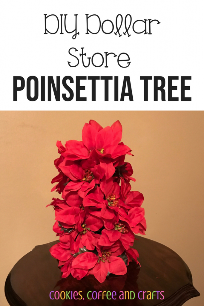 Add poinsettia decor to your home for Christmas by following this easy tutorial on how to make a poinsettia tree. This DIY is simple, cheap and pet friendly from the dollar store. #Christmas #DIY #dollarstore #dollartree #Xmas #ChristmasDecorations #ChristmasCraft #ChristmasIdeas