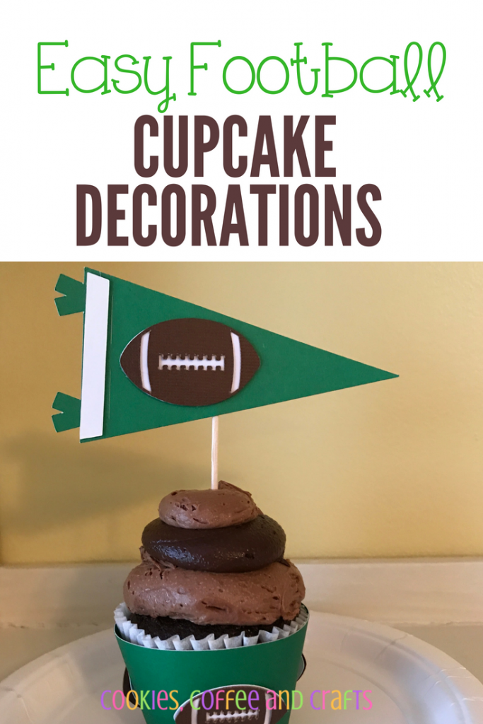 Score a touchdown with these easy cupcake decorations with the football pennant topper and the football cupcake wrapper. These cricut made ideas are perfect for a football party, super bowl, baby shower or a tailgate. #football #SuperBowl #Cricut #CricutMade #BabyShower #Tailgate #Kids #DIY #Cupcakes