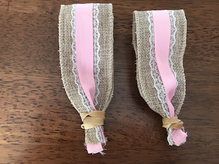 Making the Easter Bunny ears with burlap and pink ribbon