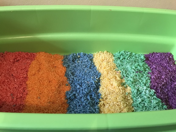 St.Patrick's Day Sensory Bin with Rainbow Rice