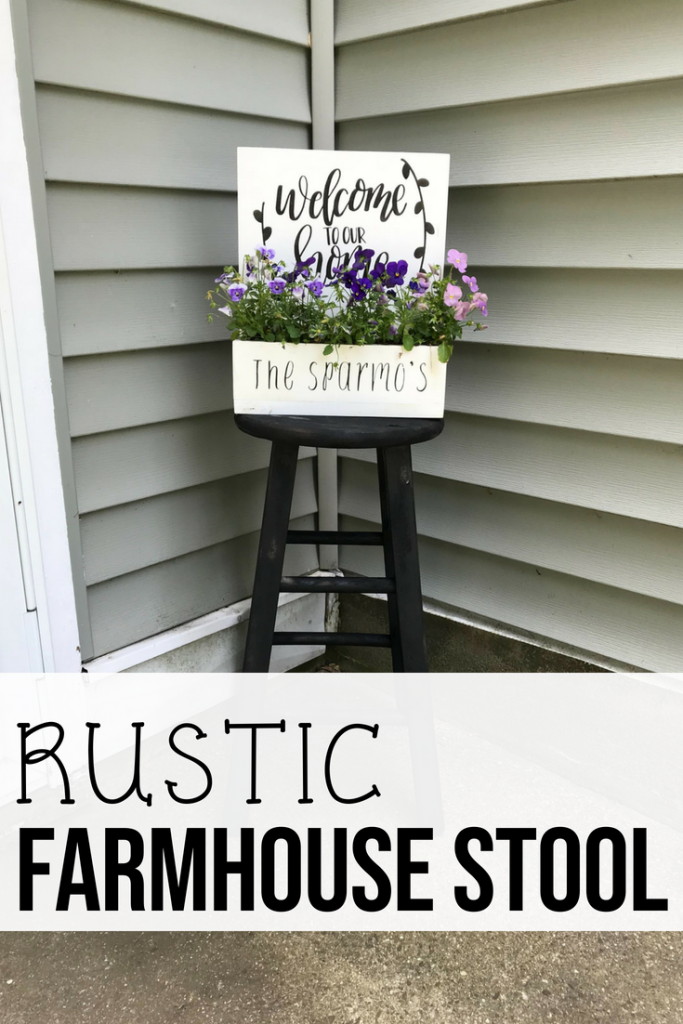 I found this old stool out for trash and gave it a second chance. Find out how I made a farmhouse stool to decorate by my door. #farmhouse #stool #DIY #upcycle #homedecor #porchdecor #farmhousestyle #Planter #flowers