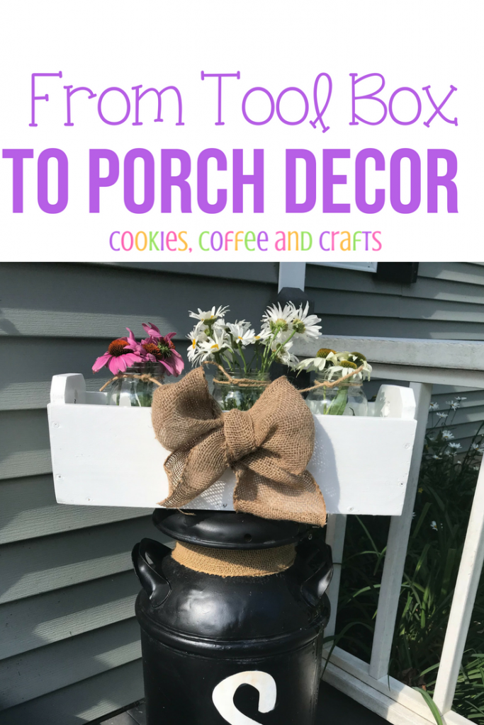 Finding a tool box at the thrirt store was a great find! Follow this easy DIY to have a year round porch decor with a farmhouse and country feel. This porch decor is perfect for fall, summer, spring, and winter. #PorchDecor #FallPorchDecor #SummerPorchDecor #SpringPorchDecor #WinterPorchDecor #Fall #Summer #Spring #Winter #FrontPorch #Repurposeit #Upcycle #ToolBox #WoodenToolBox