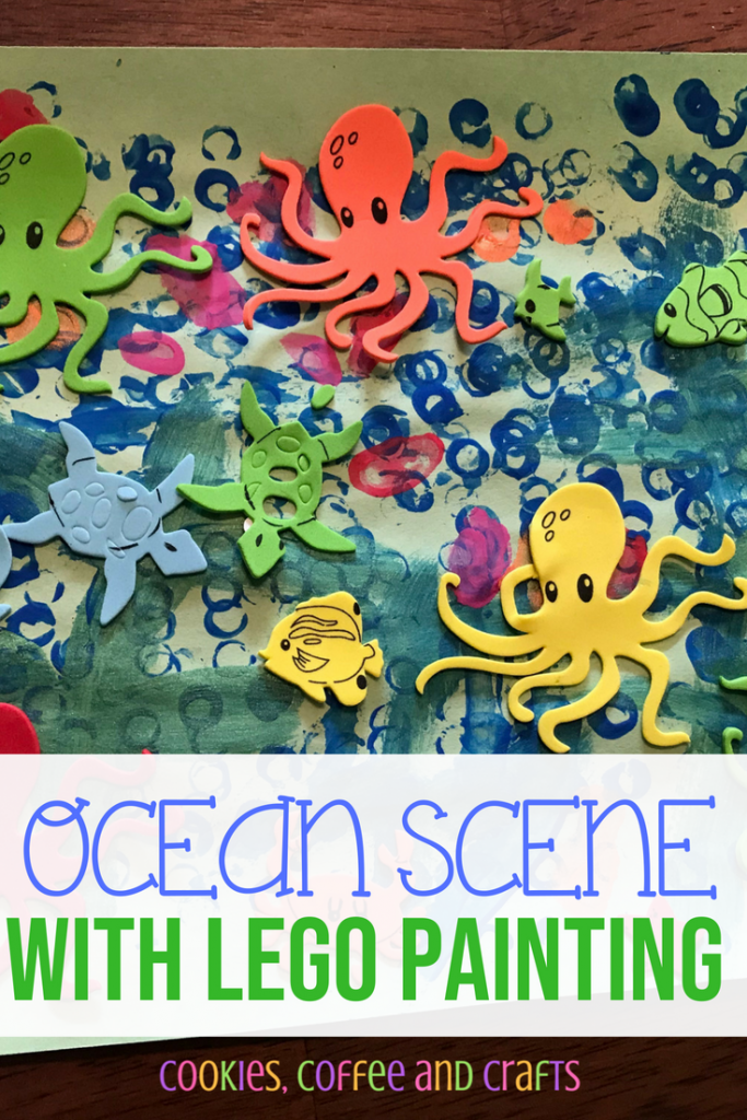 Have fun with LEGOS in a differnt way by painting an ocean scene with them. Toddlers, Preschool, Kindergarten will have fun creating this easy ocean craft with paint, LEGOS, and foam stickers. Have fun learning about ocean animals and coral reefs with this sea themed craft. #OceanTheme #SeaTheme #Kids #KidCraft #LEGO #painting #Toddlers #preschool #Kindergarten #OceanCraft #SeaCraft #DIY #PreschoolIdea #KindergartenCraft #ToddlerCraft #Paint #KidsIdea