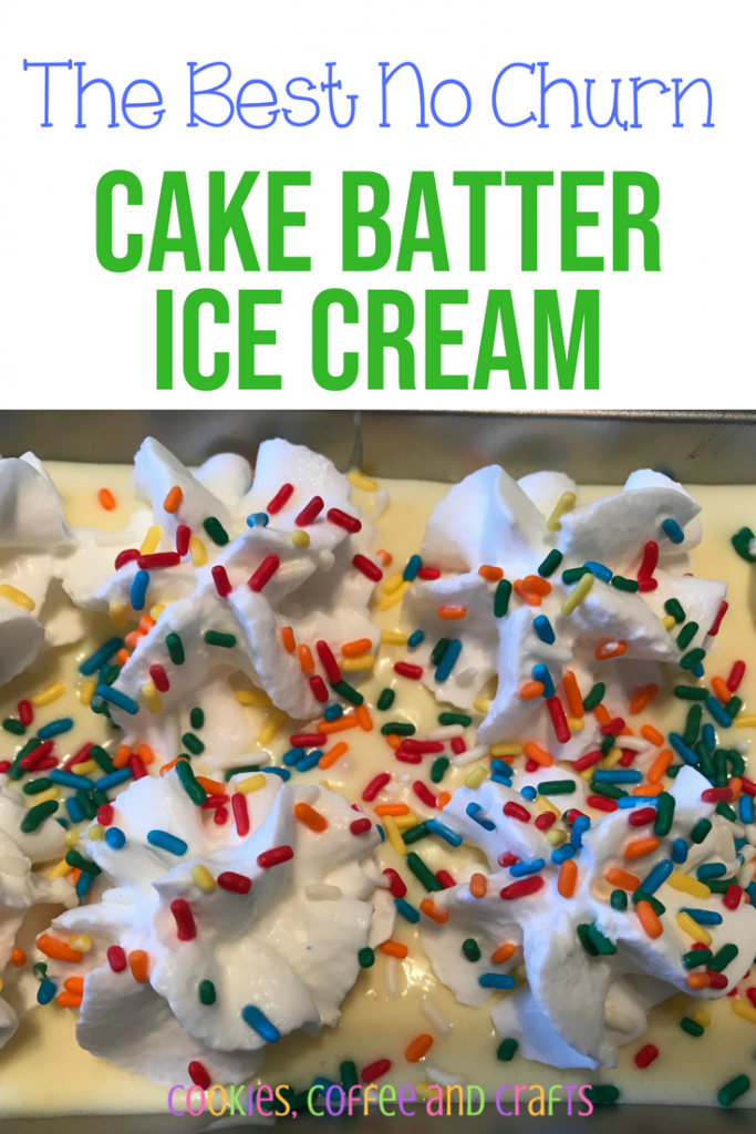 Making homemade ice cream is easy and fun. This no churn cake batter ice cream is perfect for the kids. Great for a birthday party too. #IceCream #Homemade #Kids #EasyRecipe #Summer #BirthdayParty #BirthdayIdeas #Homemadeicecream #Nochurn #Fun
