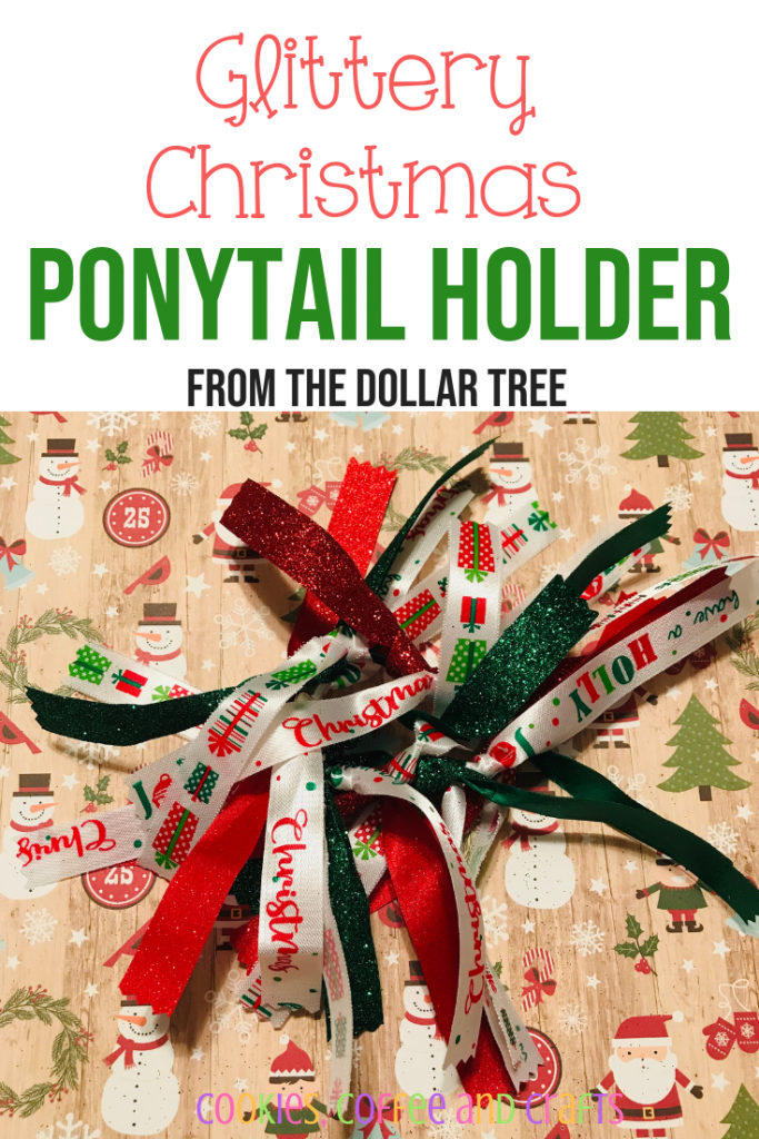My daughter loves to wear her hair in a ponytail. Plain black hair ties/elastic are so boring. Learn how to make a cute DIY glittery Christmas ponytail holder with ribbon. #Christmas #Ponytail #DollarTree