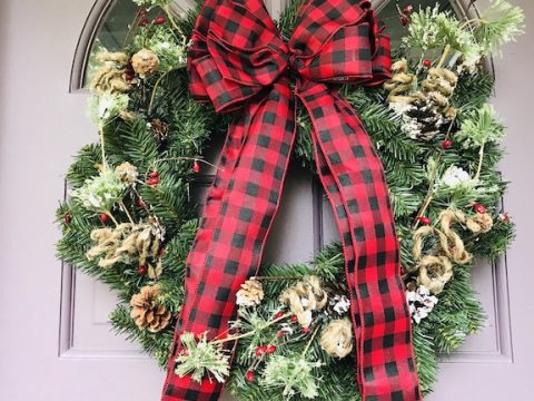 Make your home stylish with buffalo check Christmas Decor. Give your front door decor and update with this easy DIY Buffalo Check Pine Berry Wreath for Christmas. #Christmas #ChristmasWreath #PineBerryWreath #BuffaloCheck