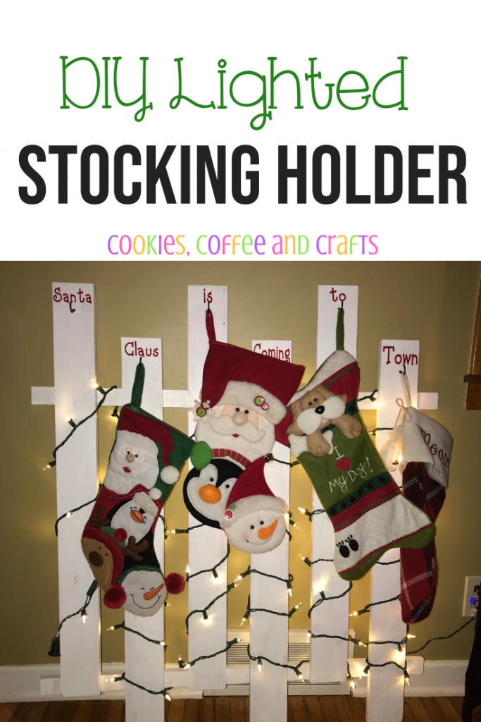 If you don't have a mantle, I have the perfect wooden stocking holder for your home. Your Christmas stockings for your family will look amazing on this DIY lighted stocking holder made with wood. #Christmas #ChristmasStockings #Homemade #DIY #ChristmasDecor #Family