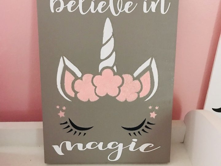Perfect wooden sign for a girls room that loves unicorns. Create this awesome painted sign and add a saying with your Cricut. This unicorn makes fun wall art for any bedroom. #Unicorn #GirlsBedroom #KidsBedroomIdeas #Stencils #DIY #wooden