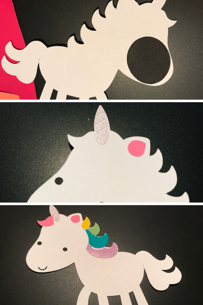 Putting together the unicorn cut from the Cricut Maker for unicorn Valentines Day Cards 