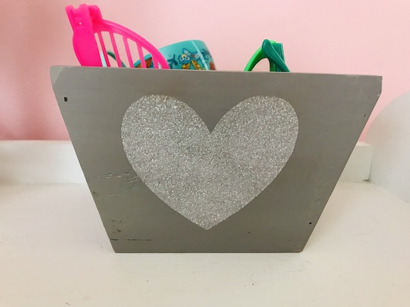 Glitter Mod Podge Hears on Side of Wooden Box