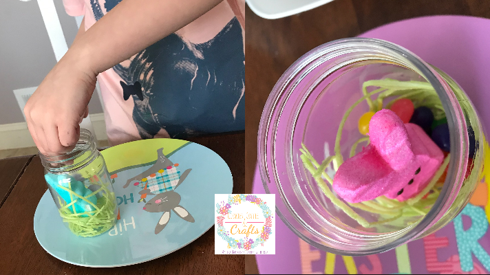 Adding the peep in the edible candy jar Easter Craft 