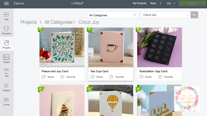 Cricut Design Space and searching for cards to make with the Cricut Joy