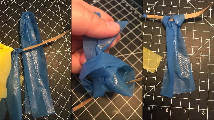 How to tie the plastic tablecloth to the ribbon to make a car garland