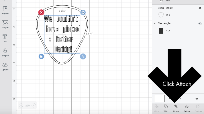 Attach the text to the guitar pick for the Cricut Father's Day Gift