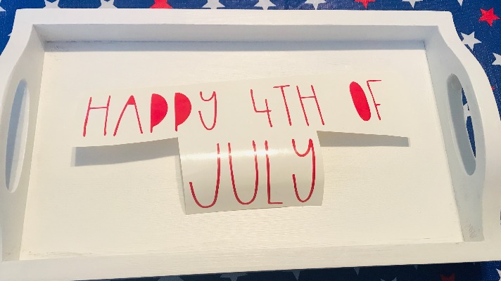 Red vinyl lettering on the white tray for Cricut 4th of July tray