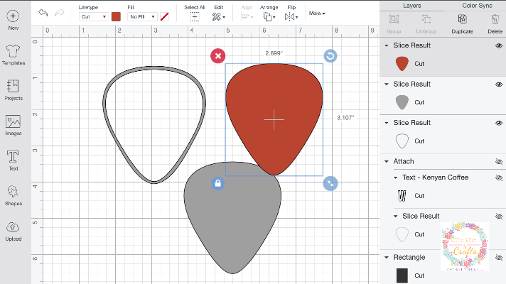 Slice results for Guitar Pick in Cricut Design Space