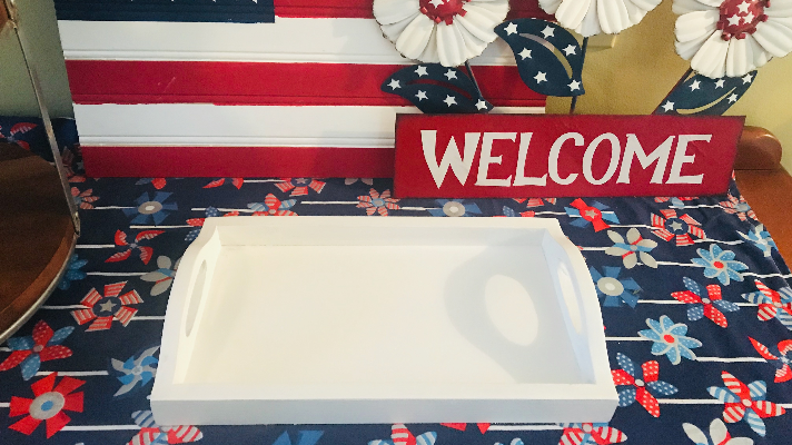 Thrift Store tray painted white for a patriotic Cricut Decoration