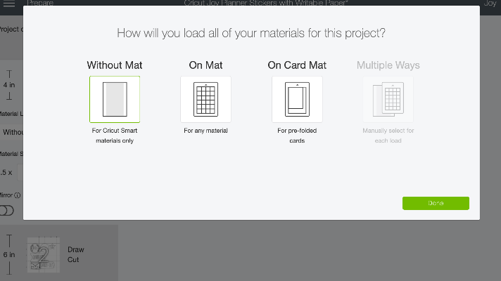 Choose without mat in Cricut Design to cut smart material label paper 