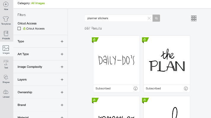 Searching planner stickers in Cricut Design Space to make planner stickers with the Cricut Joy 