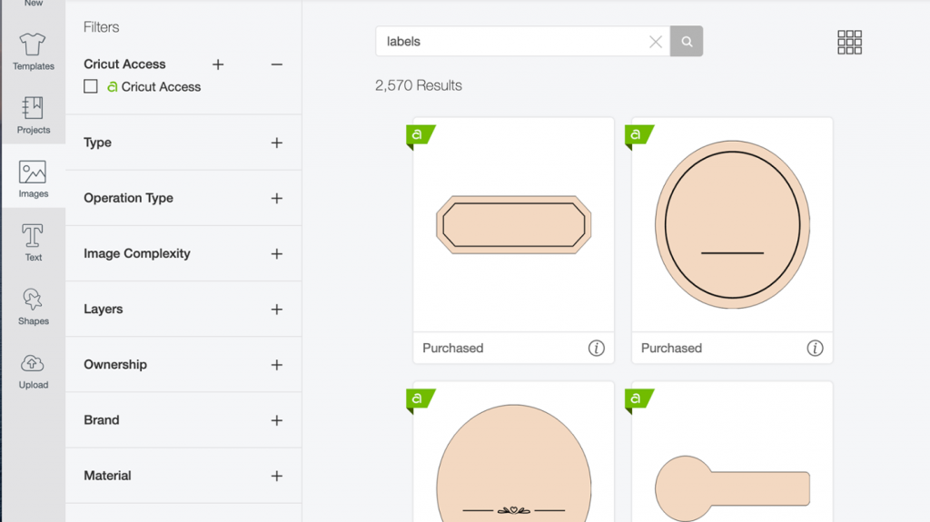 All the labels in Cricut Design Space to choose from