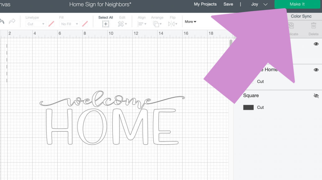 Hide the template for the sign before cutting the design in Smart Vinyl with the Cricut Joy