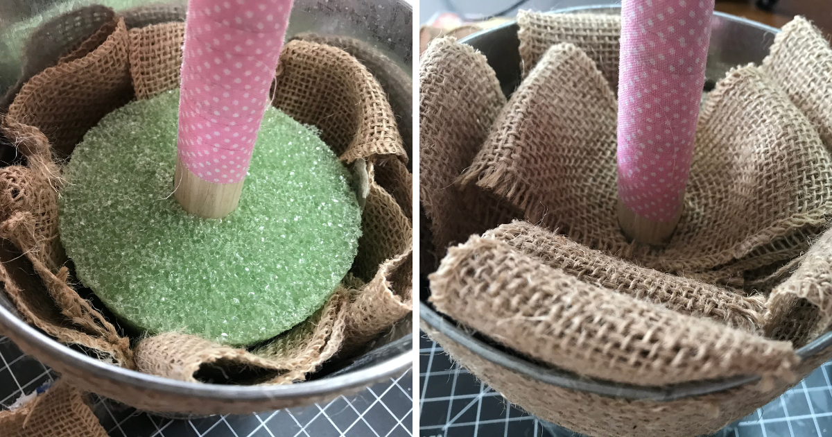 Filling the bottom of the easy dollar store Easter egg centerpiece with burlap ribbon
