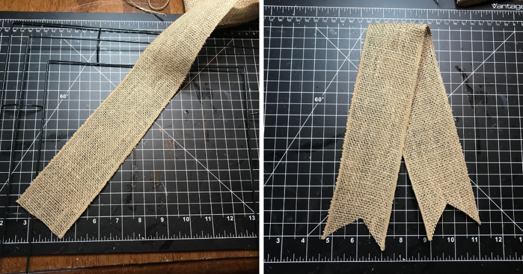 using the wired burlap ribbon to make the tail of the layered wreath bow