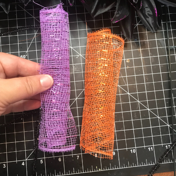 Deco mesh rolled for the elegant Halloween Wreath tutorial 