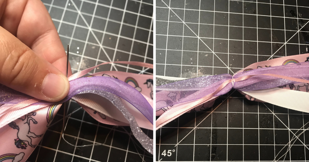 sewing the ribbon together for the ponytail streamer