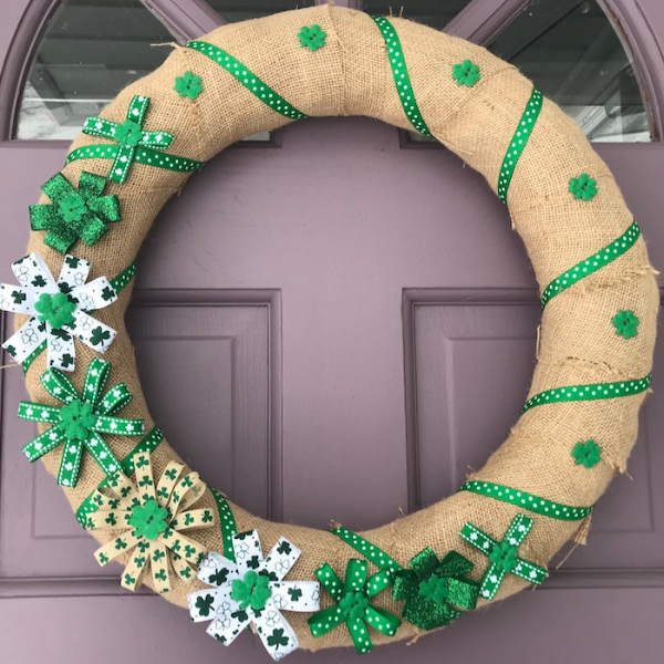 DIY St. Patrick's Day burlap wreath with shamrocks