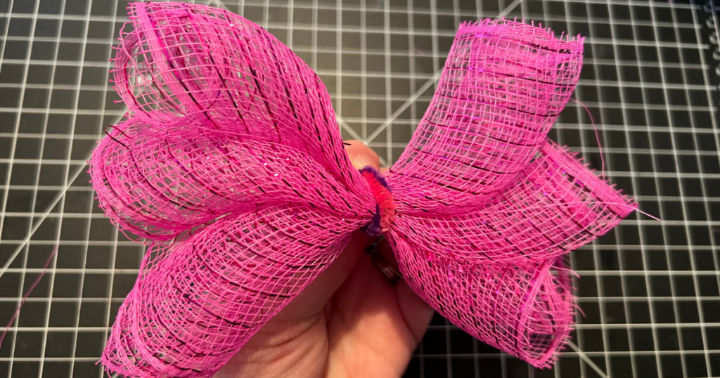 Base of the DIY Easter Basket Bow with mesh ribbon